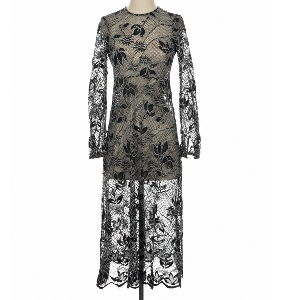 Zara Black Mixed Mesh and Floral Lace Midi Dress Sheer Long Sleeve Small